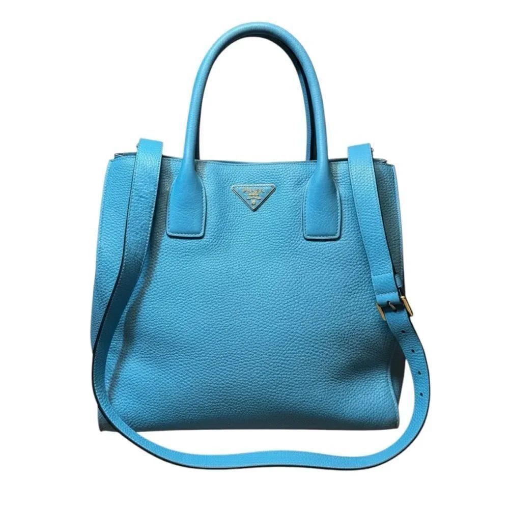 PRADA Blue Vitello Daino PebbledโLeather 2way Shopping Tote Satchel Auth